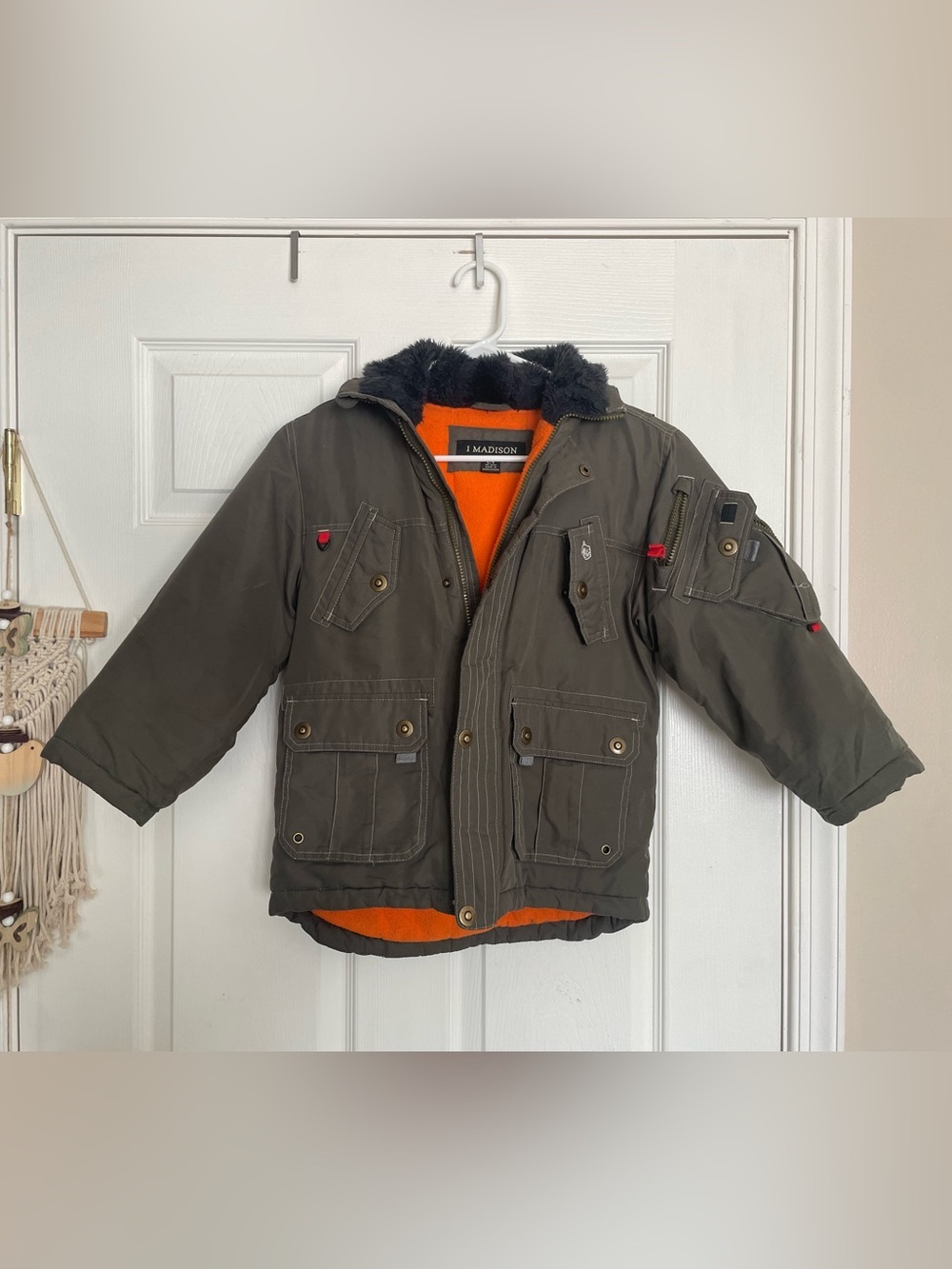 1 Madison Olive Green Kids size L/7 Puffer Jacket with Orange Lining Winter Coat